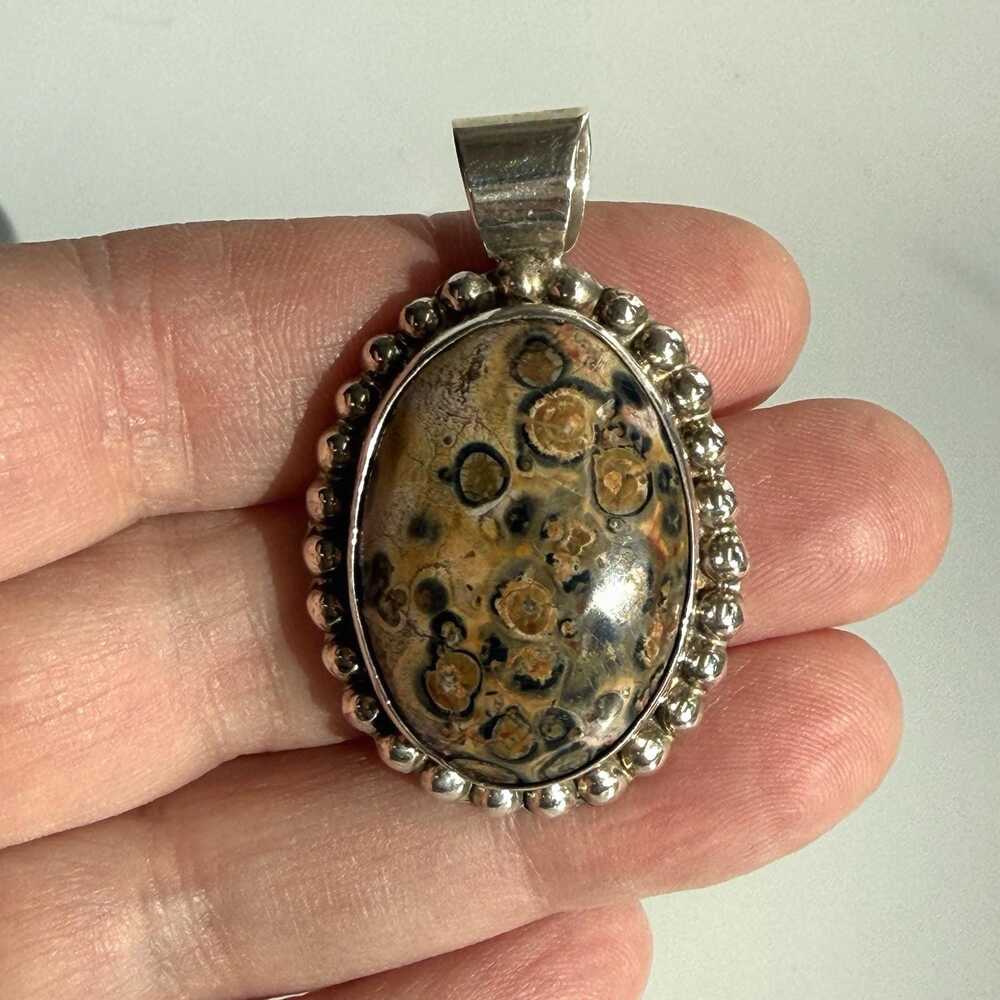 Vintage Leopard Skin Jasper Pendant Taxco Mexico Sterling Silver 925 1.75" 18.2g